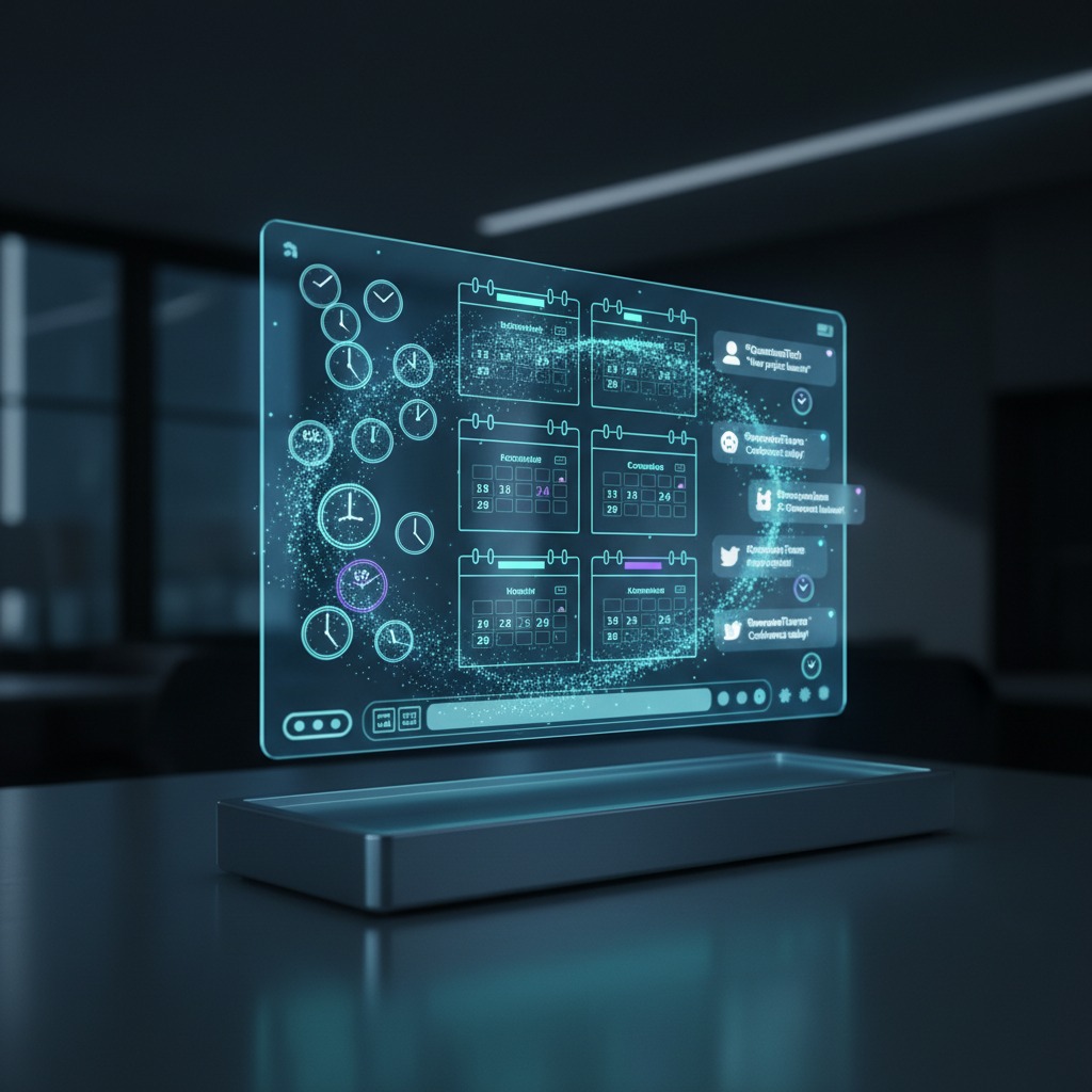 A holographic display screen showing multiple calendars, clocks, and social media notifications floats above a sleek base on a dark desk.