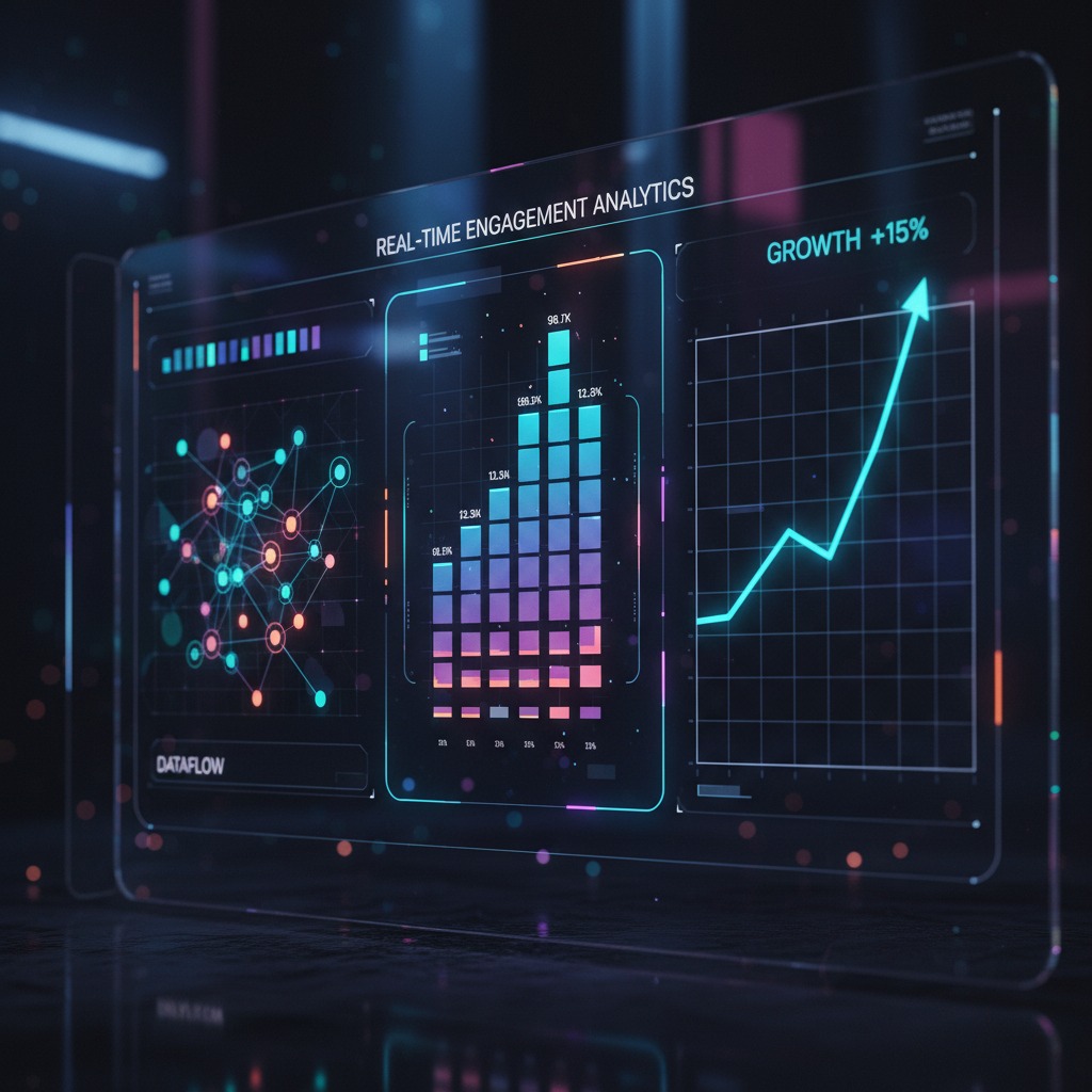 A digital dashboard displays real-time engagement analytics with a network graph, a bar chart, and a line graph showing 15 percent growth.