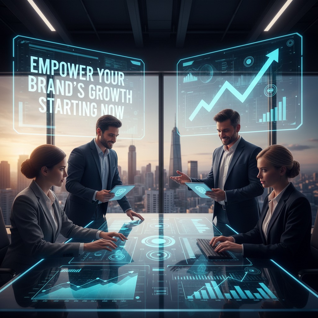 Four business professionals collaborate around a digital table displaying glowing data charts and the text "Empower your brand's growth starting now" in a high-rise office overlooking a city skyline.