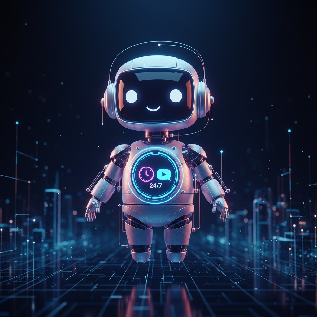 A small, friendly robot with a glowing 24/7 support icon on its chest stands against a dark, digital background.