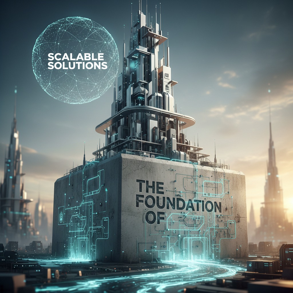 A futuristic skyscraper sits atop a massive concrete block labeled "THE FOUNDATION OF" with glowing digital circuitry and a "SCALABLE SOLUTIONS" globe floating above.