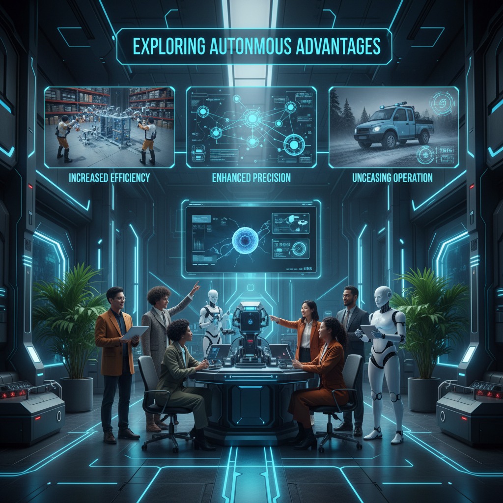 A diverse team of professionals and humanoid robots collaborate in a futuristic, neon-lit control room displaying data on autonomous efficiency, precision, and operation.