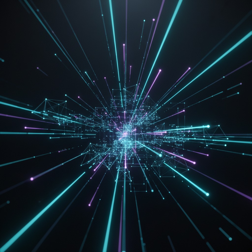 Glowing blue and purple lines of light radiate outward from a central digital network of interconnected nodes against a dark background.