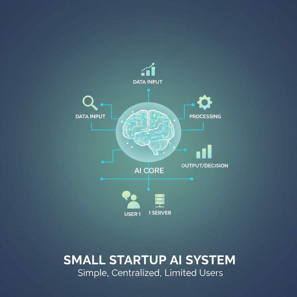 A diagram illustrates a centralized AI system with a central brain connected to data inputs, processing, output, a single user, and one server.