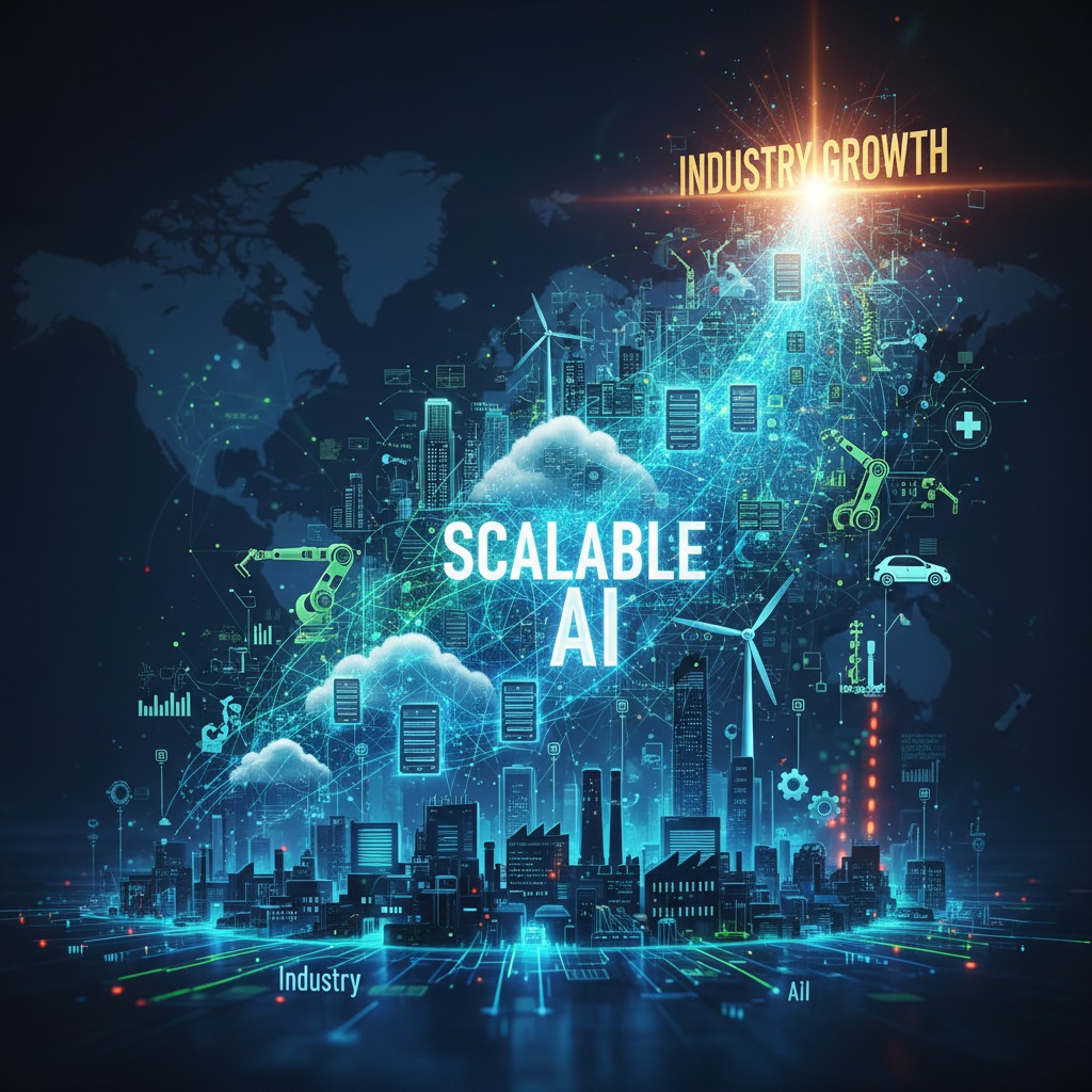A digital illustration of a futuristic city skyline overlaid with a glowing network of data, cloud icons, and the text "SCALABLE AI" against a dark world map background.